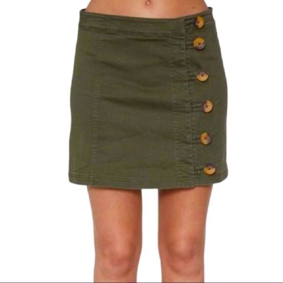 Vtg Free People Y2K  Army Green Tortoise Button Down Denim Mini Skirt - Picture 1 of 14